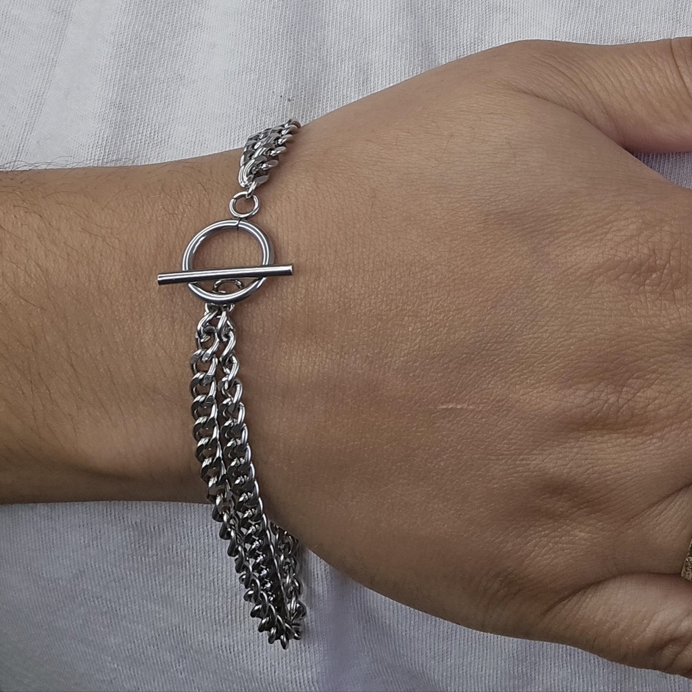 Silver Layered Chain Bracelet | Toggle Clasp | Stainless Steel Look | Modern Un